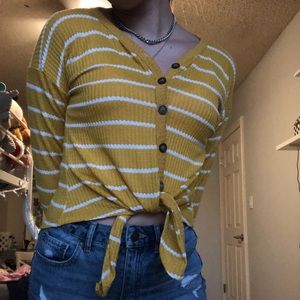 Yellow and white striped shirt with tie front